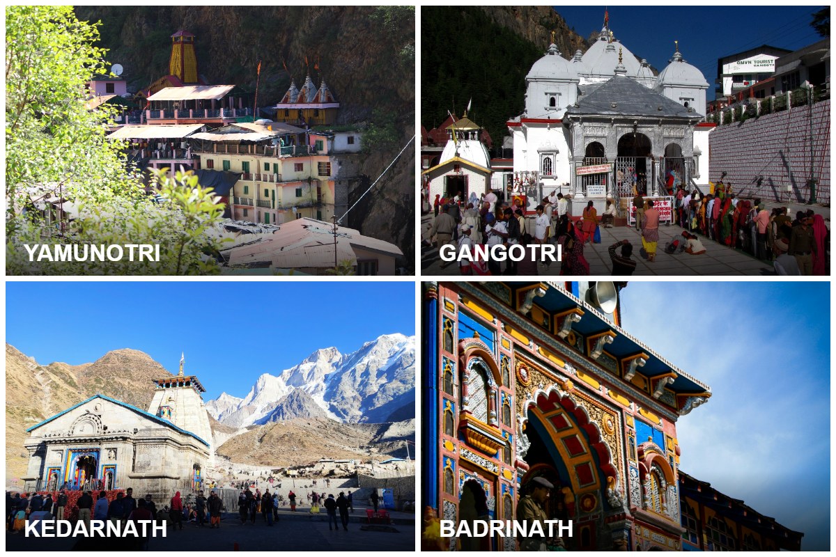 Collage of the four Char Dham shrines: Yamunotri, Gangotri, Kedarnath and Badrinath