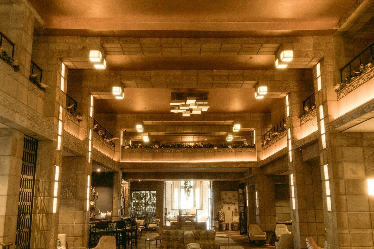 Grand hotel lobby with chandeliers