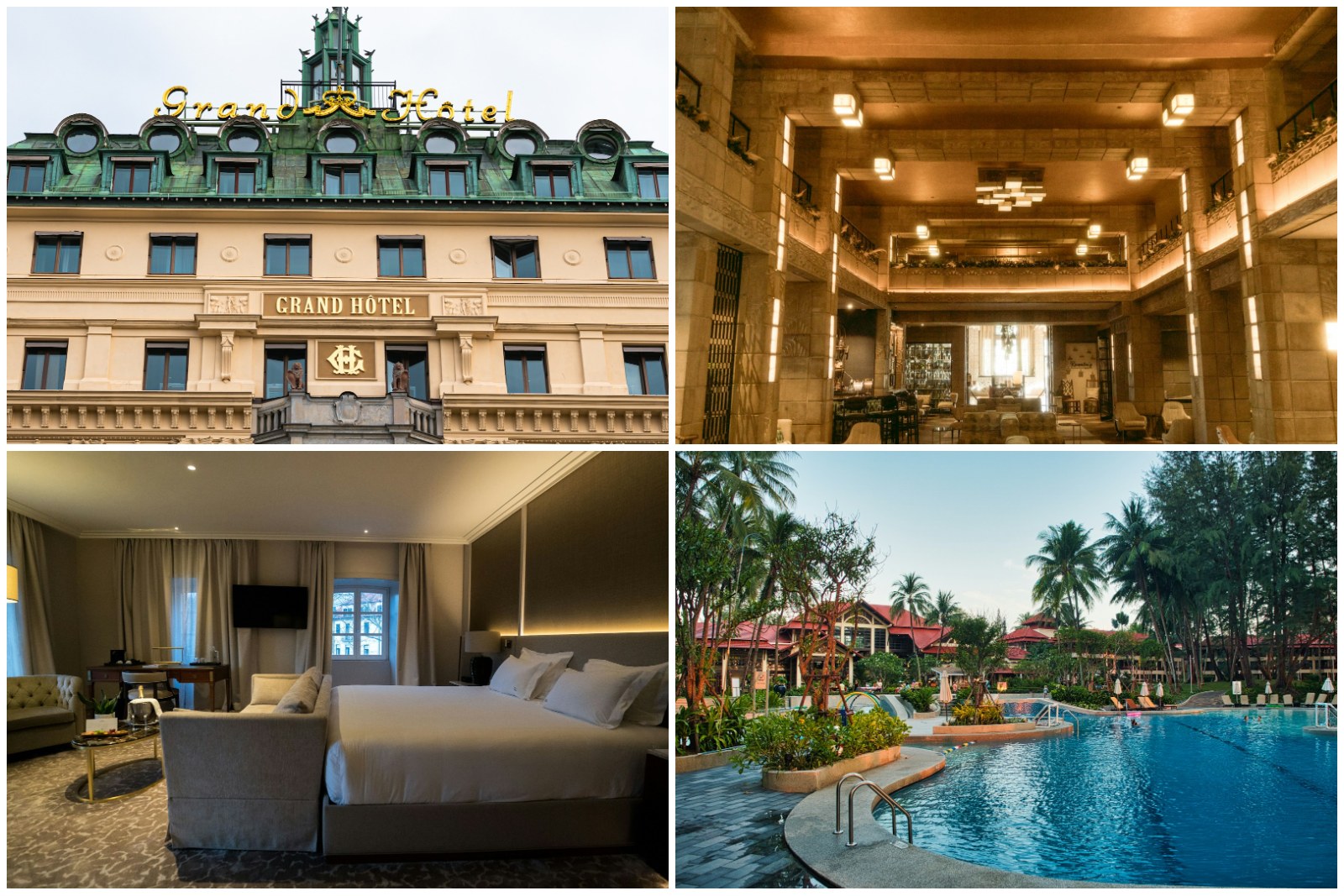 Collage of hotel exterior, lobby, guest room and resort pool