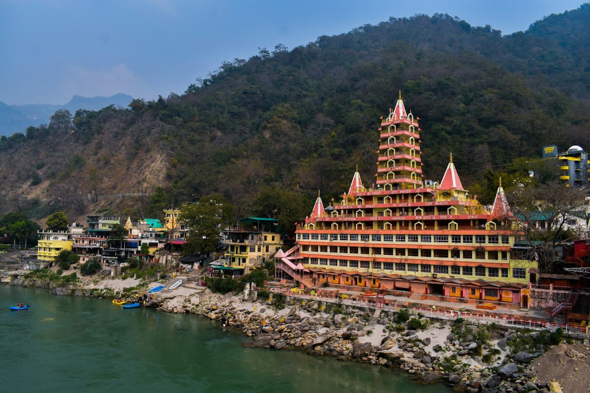 Tera Manzil temple beside the Ganga at Rishikesh, Uttarakhand